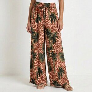 True Destinations Flare Pants Beach Coverup Wide Leg Tropical Palm Trees Small